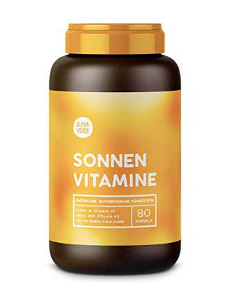 Vitamin D3, K2 und pflanzliche Omega 3 Fettsäuren ohne Hilfsstoffe von Alpha Foods für etwa 20 Euro hier bestellen.