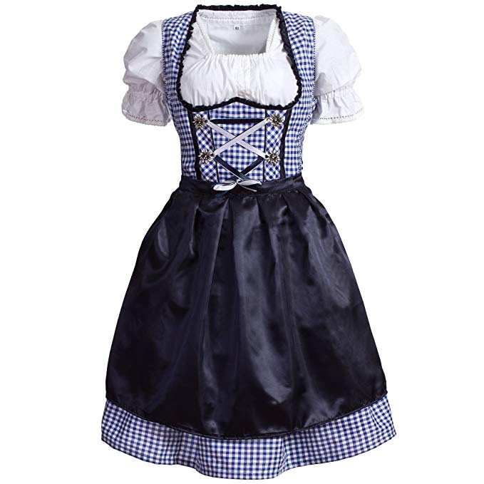 Blau-weiß-kariertes Dirndl mit hohem Ausschnitt