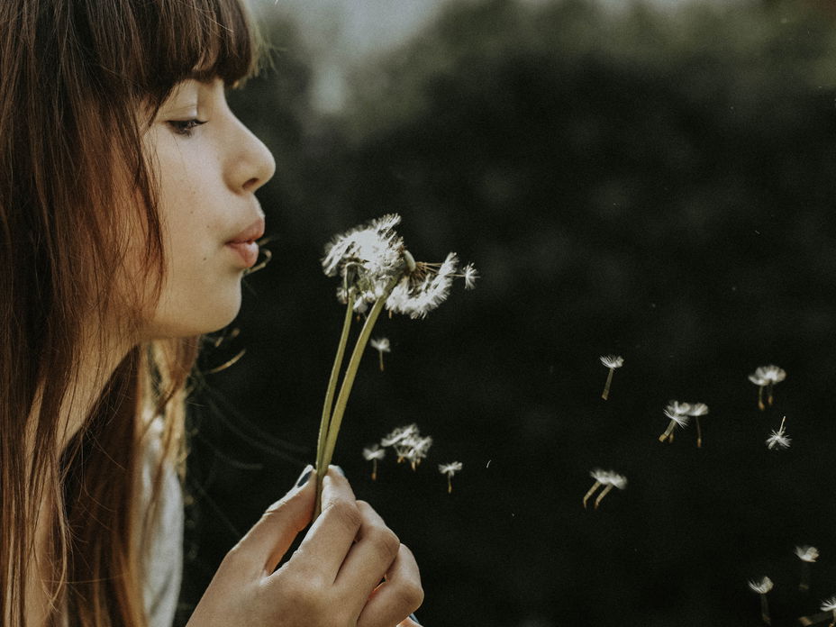 Frau pustet Pusteblume