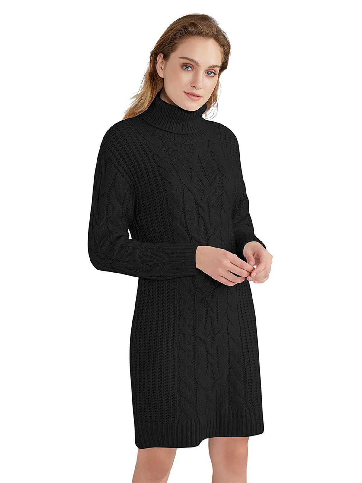 Schlichtes Rollkragenpulloverkleid mit Strickmuster
