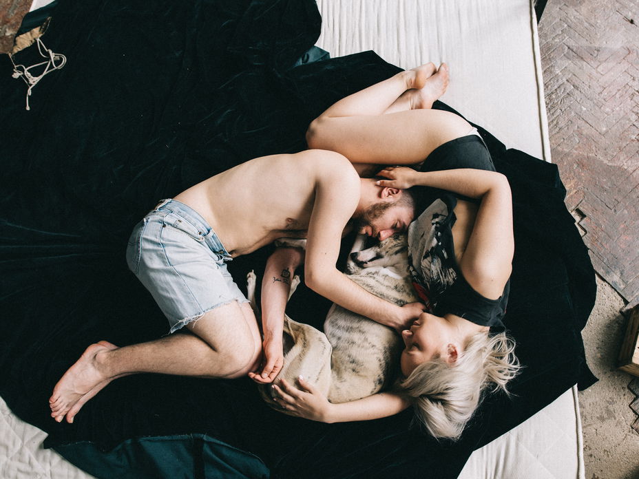 On-Off-Beziehung: Mann und Frau liegen mit Hund auf einem Bett