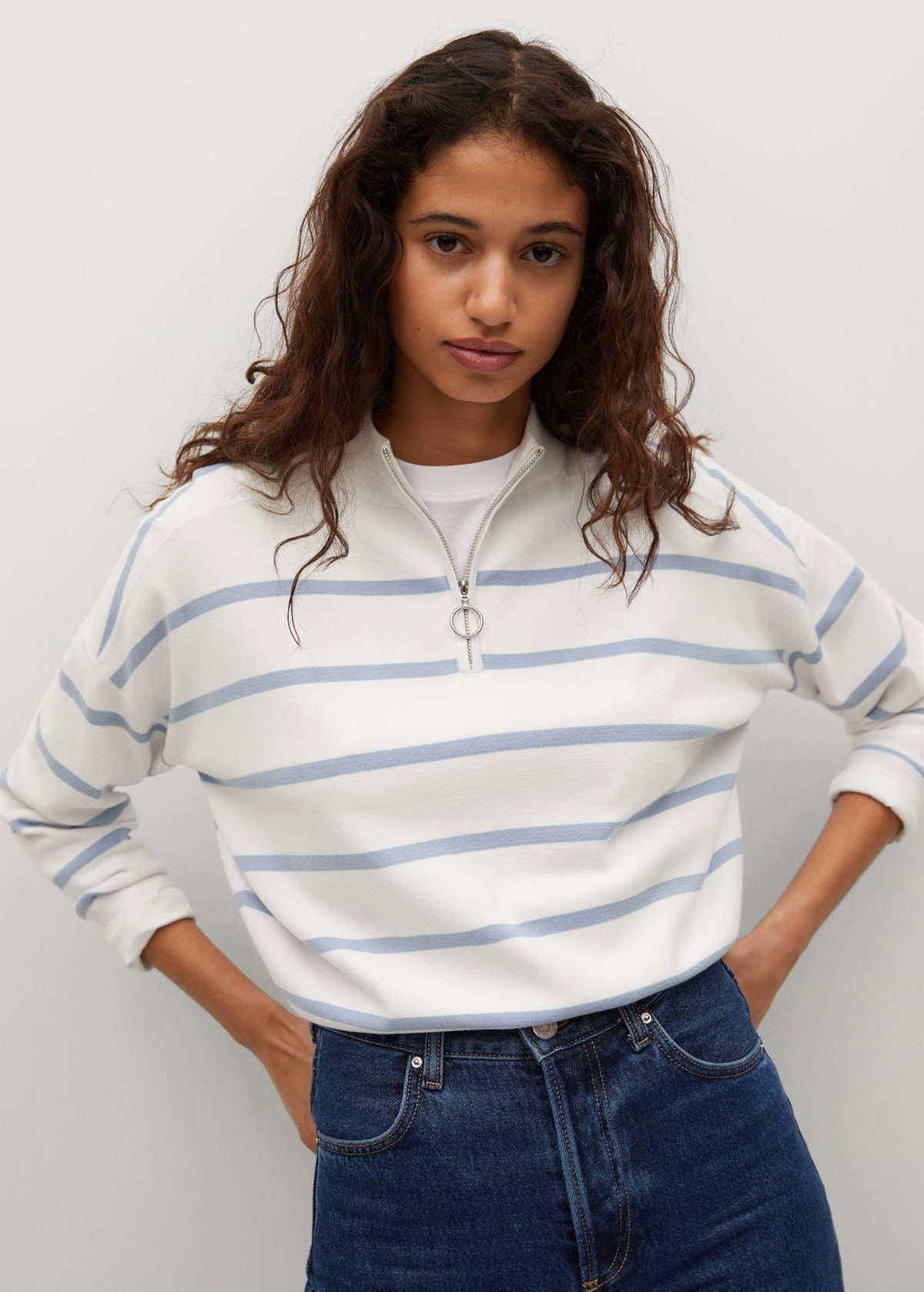 Mango Pullover in weiß mit hellblauen Streifen