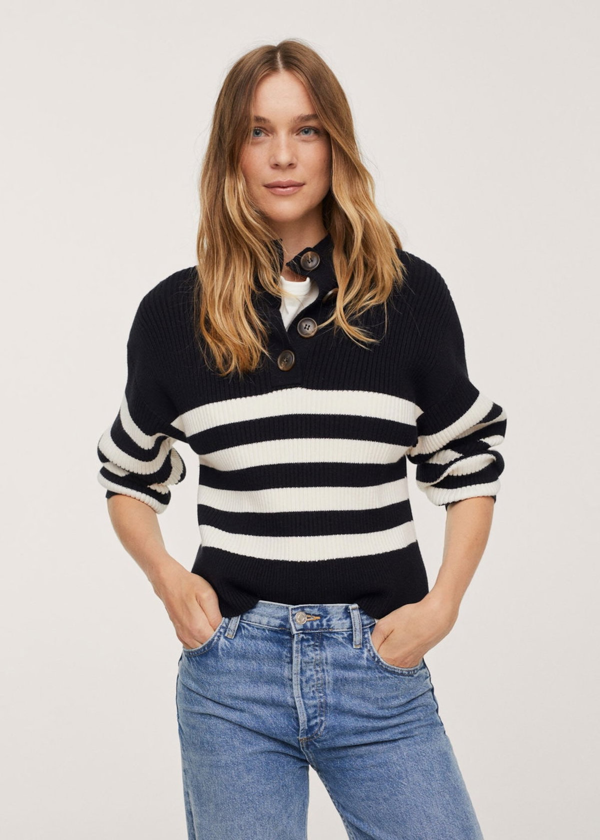 Mango Streifen-Pullover mit Knöpfen
