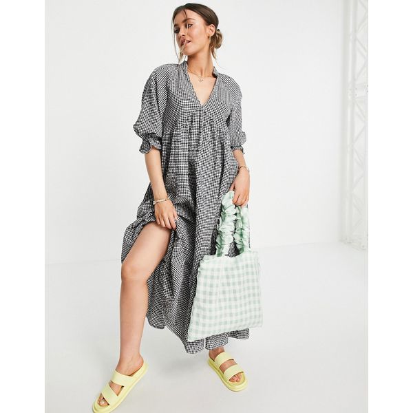 Midi-Hängerkleid mit V-Ausschnitt und Vichy-Karo-Mehrfarbig
