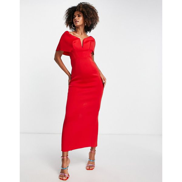 Schulterfreies Midaxi-Kleid in Rot mit tief ausgeschnittenem Detail