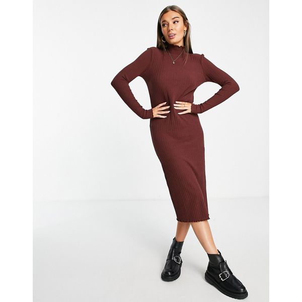 Hochgeschlossenes Midi-Strickkleid in Schokoladenbraun