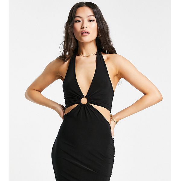 Bodycon-Kleid in Schwarz mit Schnürung, Neckholder und Ring-Detail