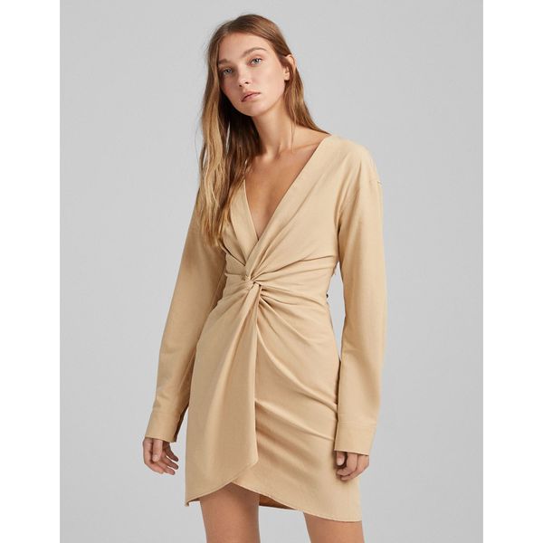 Hemdkleid in Beige mit verdrehter Vorderseite-Neutral