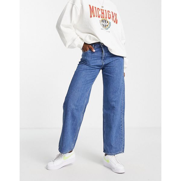 Jeans mit weitem Bein in mittlerer Stein-Waschung-Blau