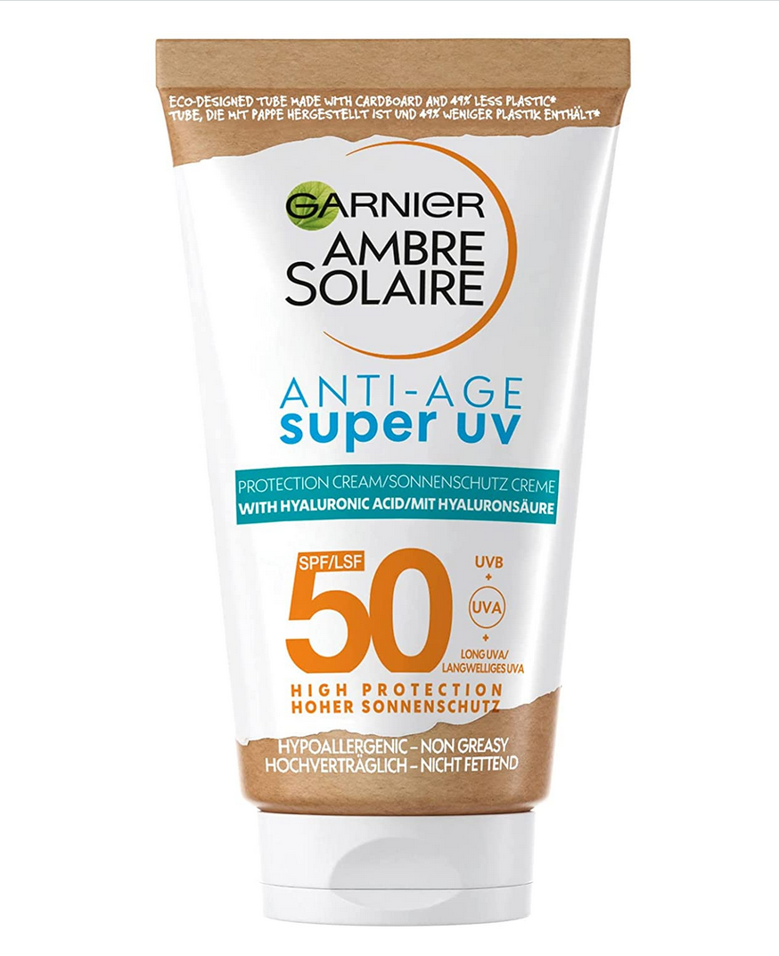 Anti-Aging Sonnencreme mit SPF 50, Hyaluron und Vitamin B von Garnier, rund 10 Euro über Amazon.