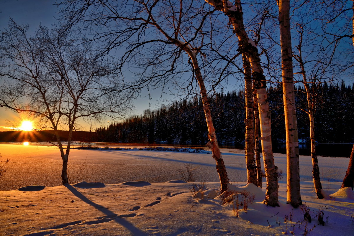Sonne geht vor Winterlandschaft unter