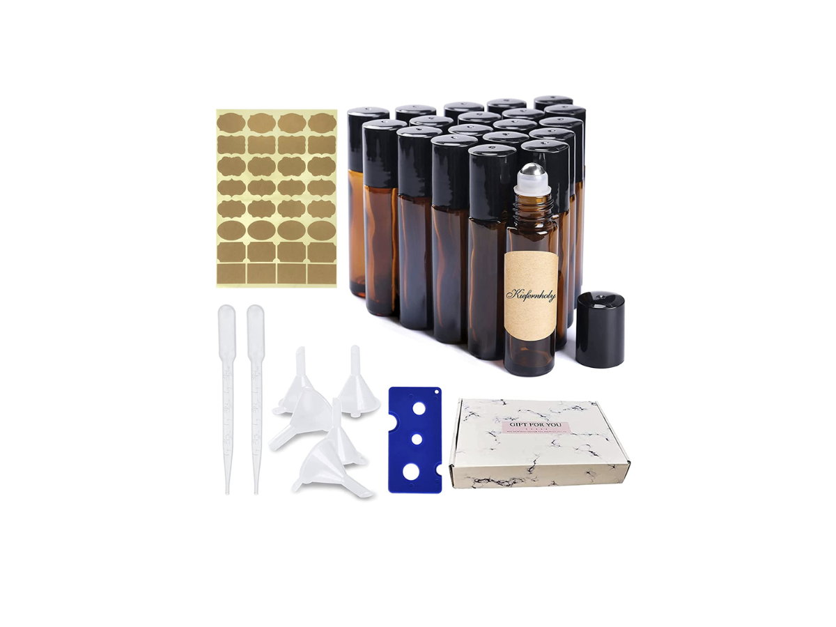 20er-Set Roll On Glasflaschen mit Trichter und Aufklebern zum Beschriften, rund 20 Euro 🛒