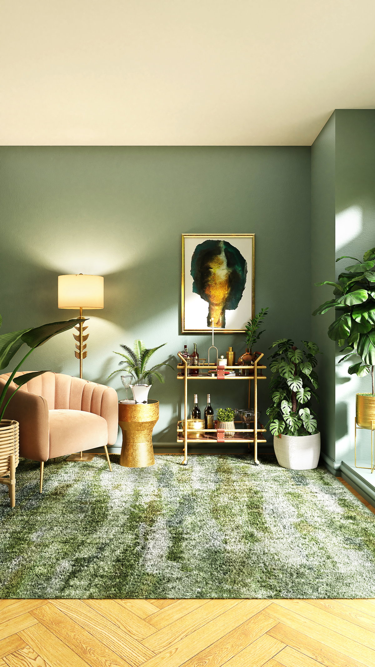 Wohnzimmer grün pink mit Pflanzen und Sessel