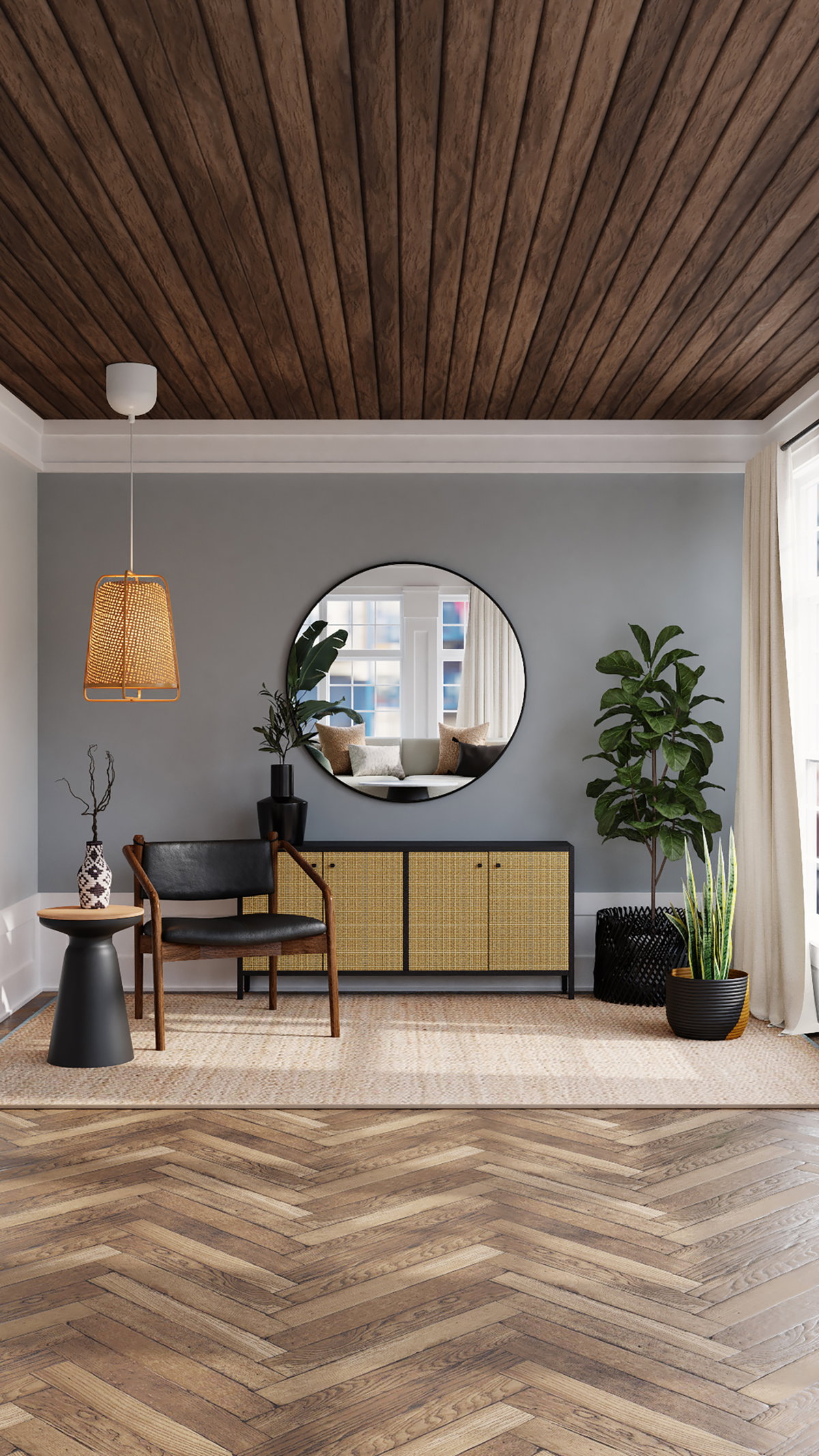Wohnzimmer mit Holz und Schränken und Tisch