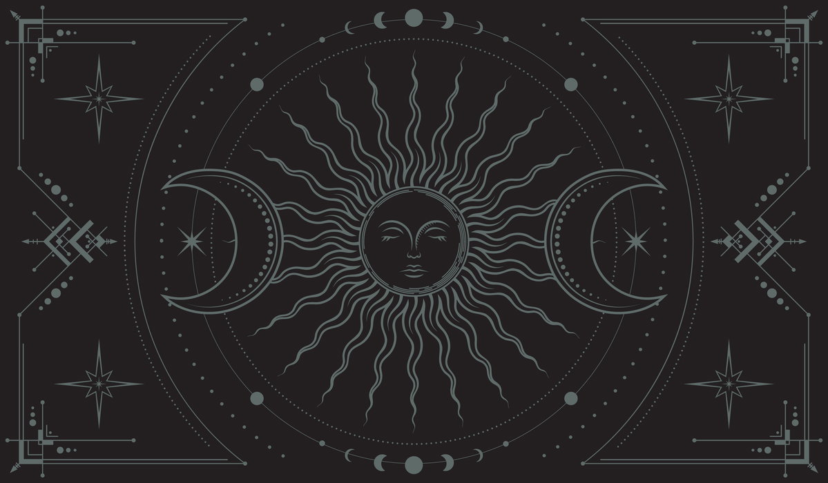 Vektor mystischer Boho-Hintergrund mit kunstvollem geometrischem Rahmen, magische Sonne mit schlafendem Gesicht