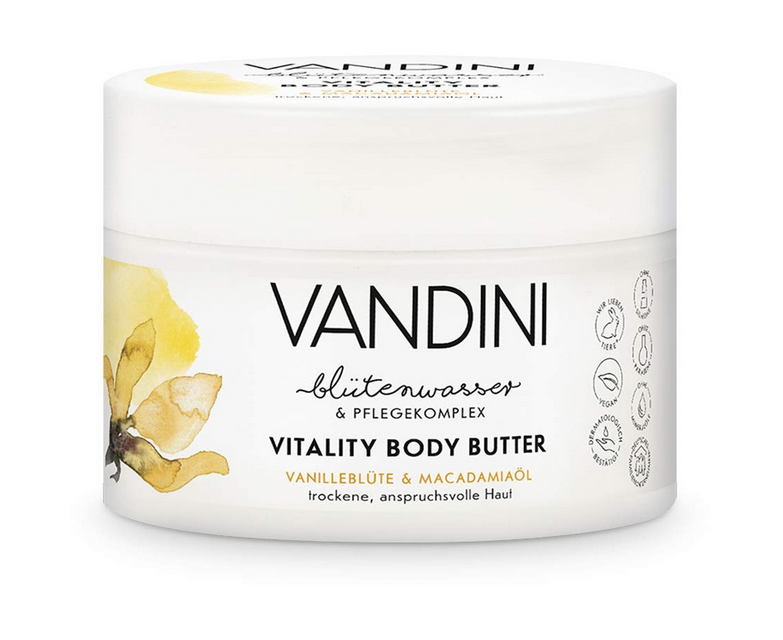 VANDINI Vitality Body Butter Damen mit Vanilleblüte & Macadamiaöl - Body Creme als Körpercreme & Gesichtscreme für trockene, anspruchsvolle Haut
