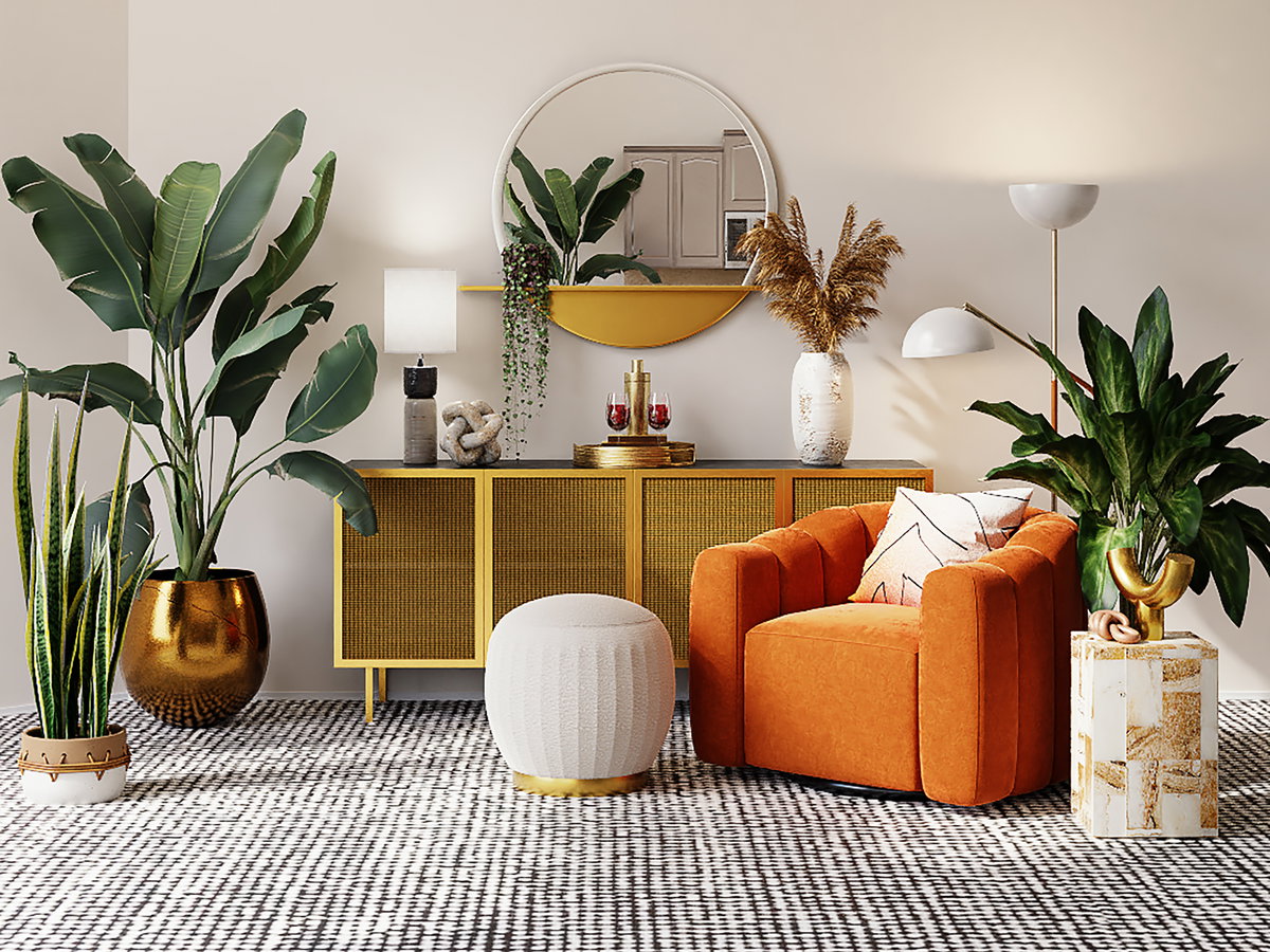 Wohnzimmer mit Sessel, Kommode und Pflanzen