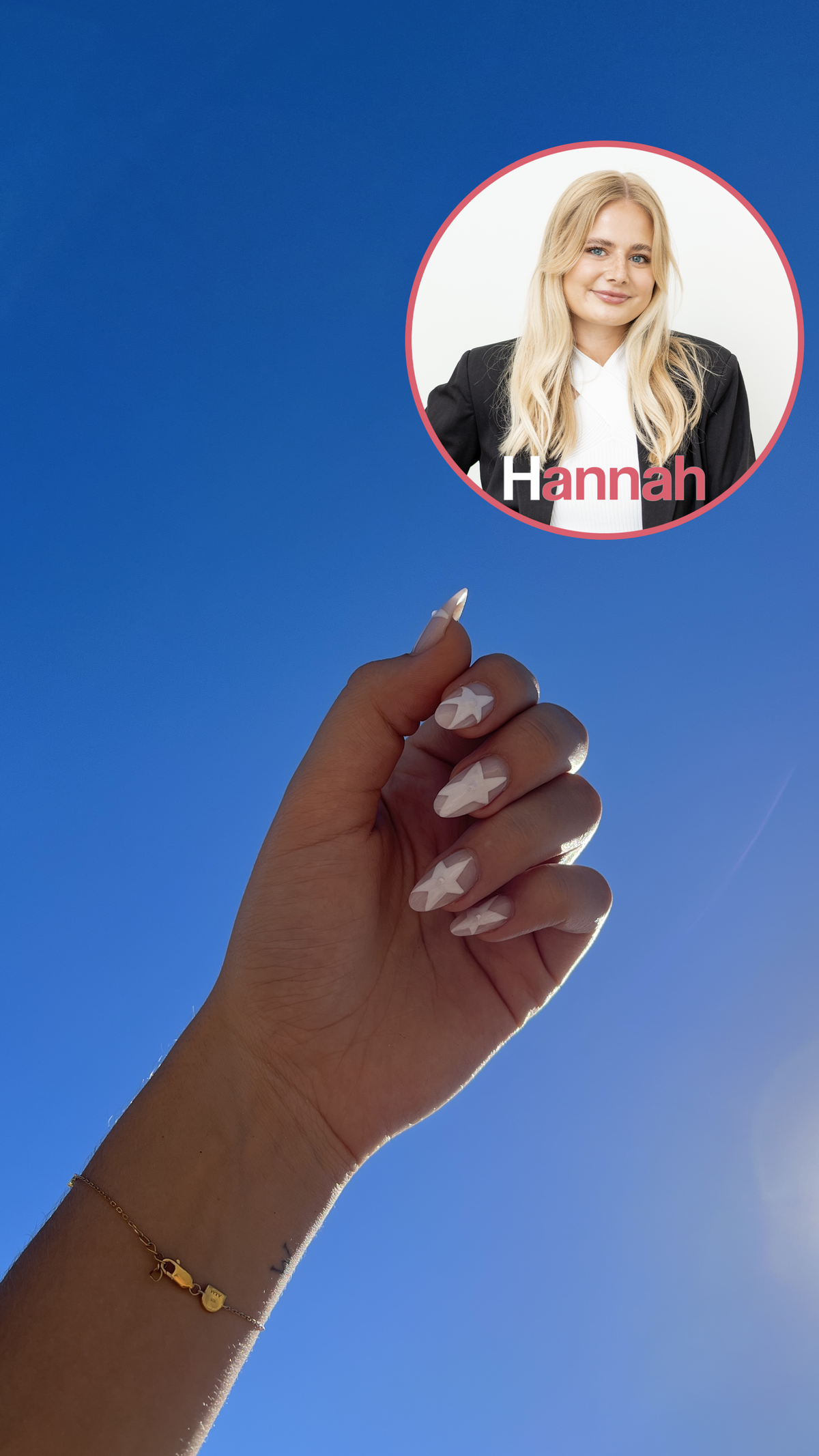 Hannah rundet die Mandel-Nails mit auffälligen Sternen ab, bei der die Form super zur Geltung kommt.