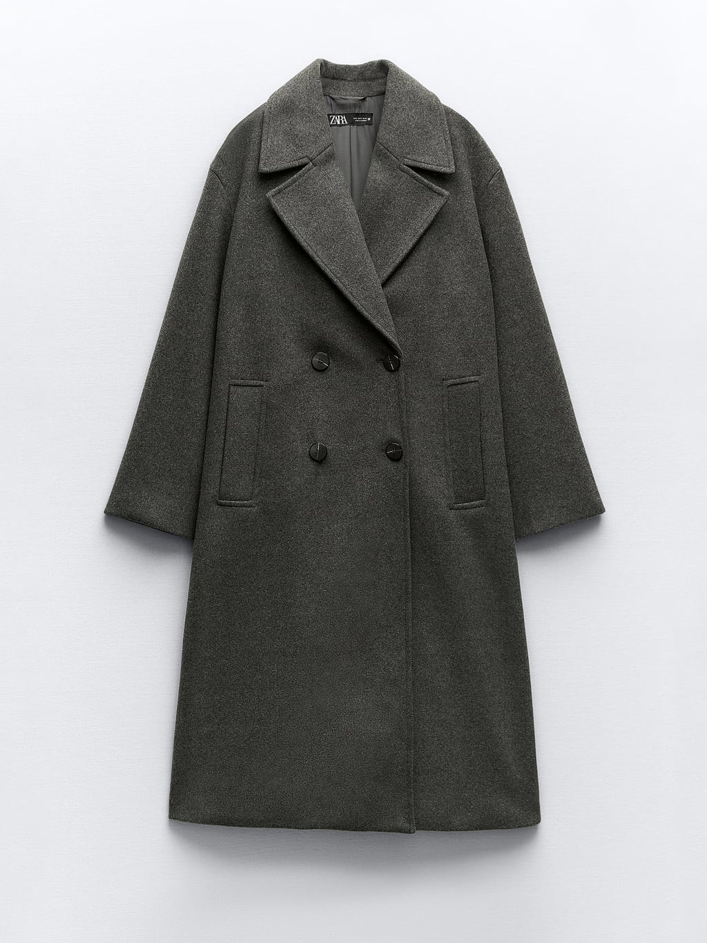 Oversize Mantel in Grau von Zara mit Reverskragen Lange Ärmel Vordertaschen Doppelreihige Knopfleiste vorne