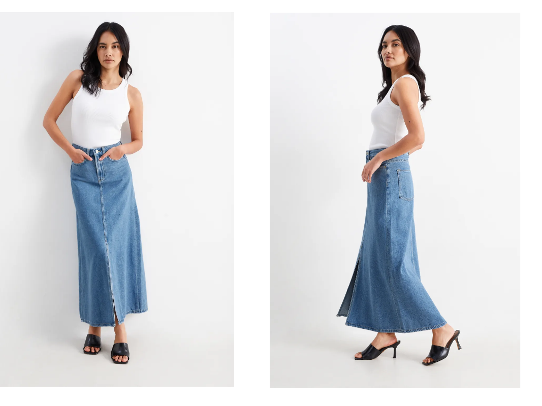 Frau trägt Maxi-Jeansrock von C&A