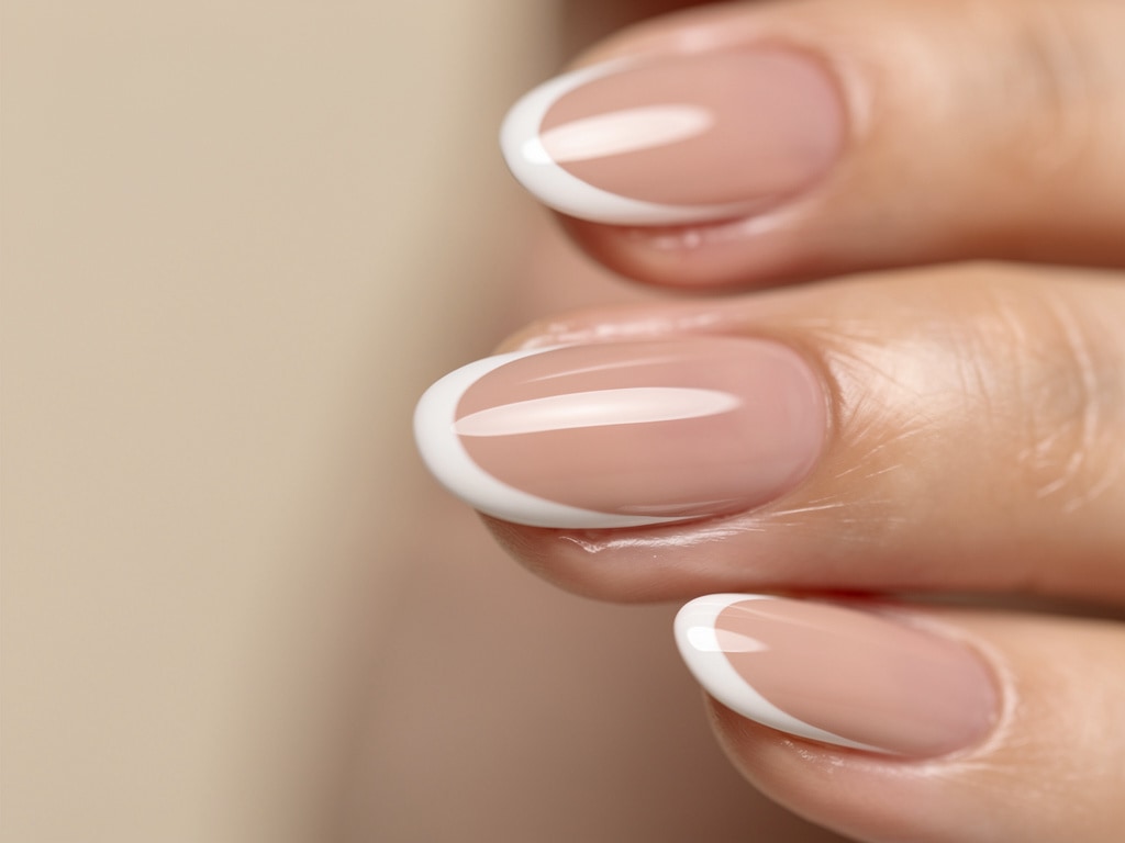 Close-up einer eleganten French Maniküre mit ovalen Nägeln, zartem Rosa und weißen Spitzen im natürlichen Licht