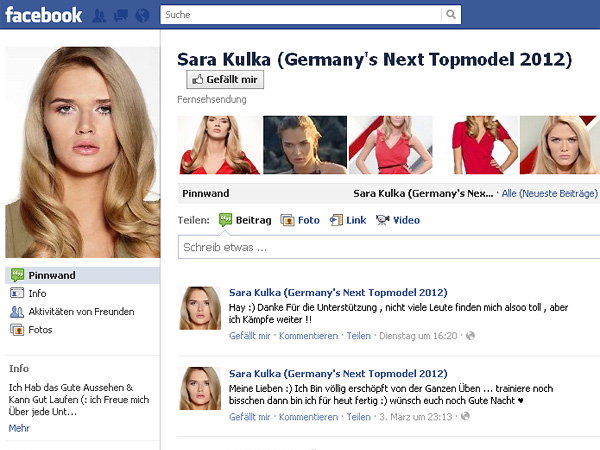 Sara Kulka von GNTM 2012 bei Facebook