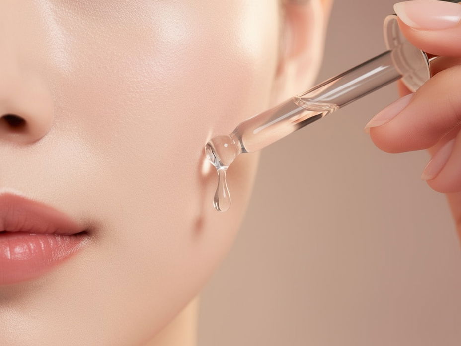 Nahaufnahme: Frau trägt mit Pipette K-Beauty-Serum auf Wange auf, Tropfen glänzt im Licht