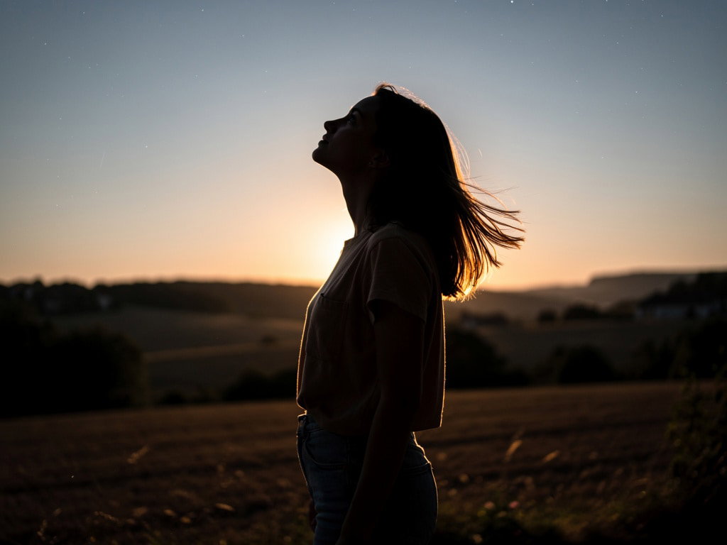 Silhouette einer jungen Frau bei Sonnenuntergang, blickt in den Sternenhimmel, entspannte mystische Atmosphäre, Abendstimmung